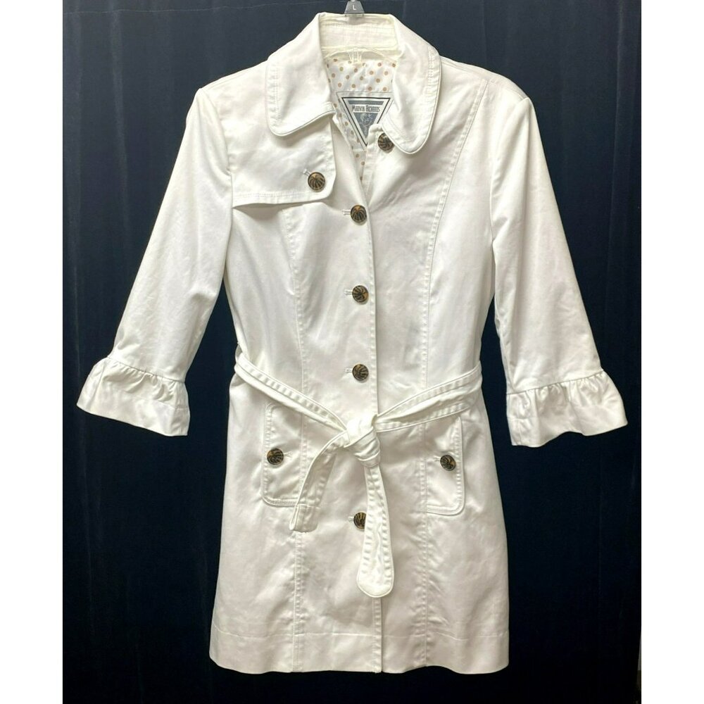 Marvin Richards White Trench Coat Tortoiseshell Buttons & Belted Waist Size S - Picture 1 of 9